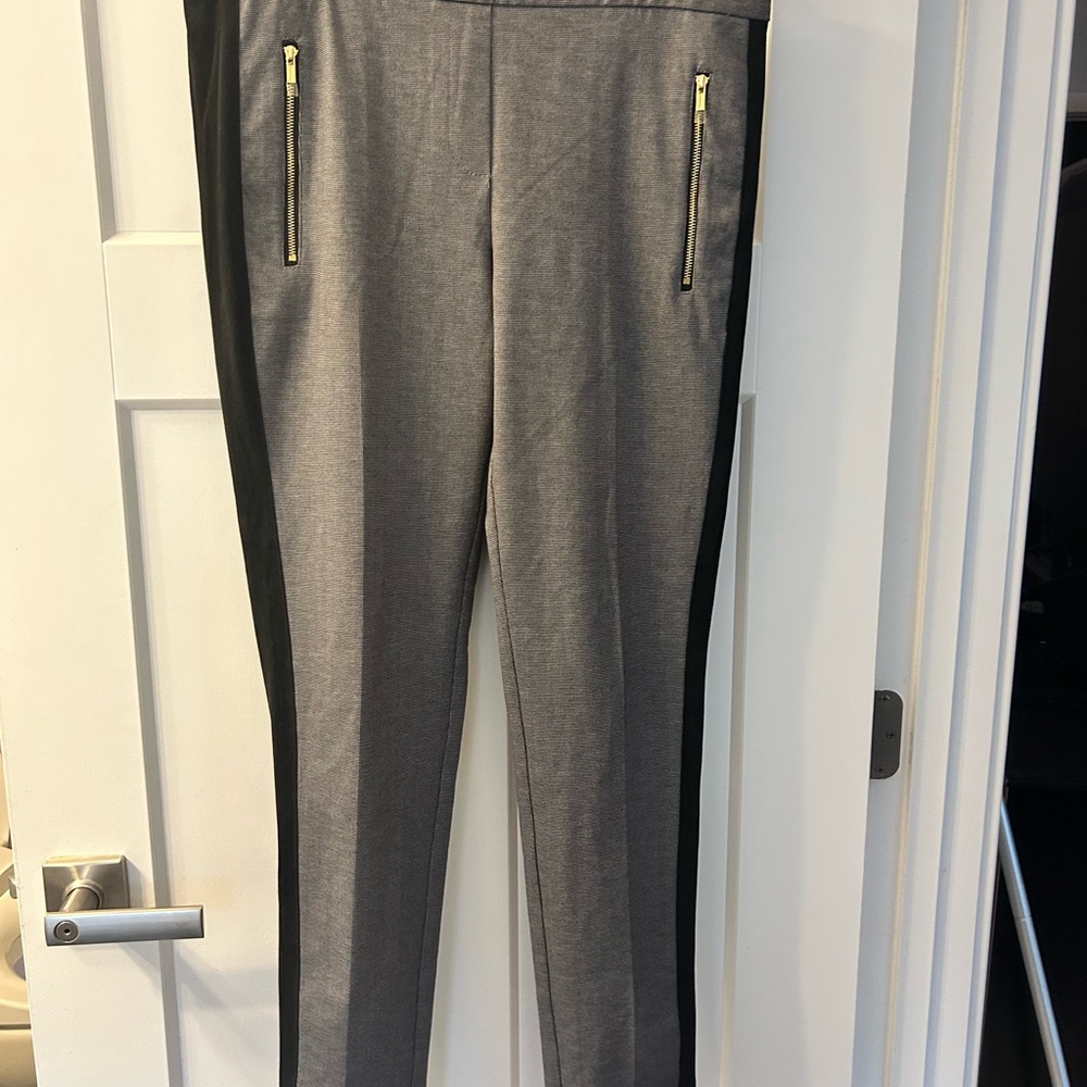Gray/black stretch pants with black stripe detail